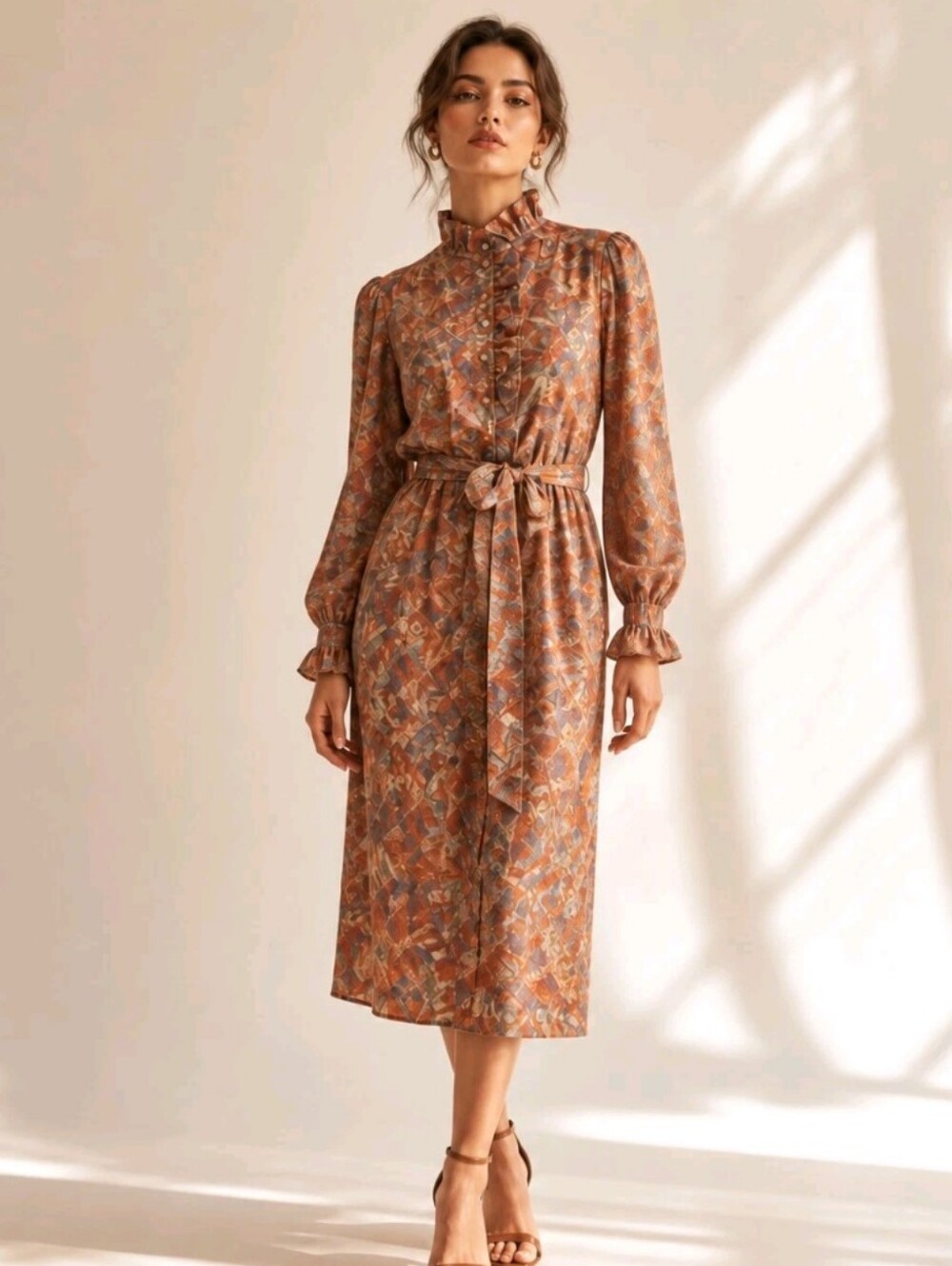 Vintage 80s Abstract Botanical Print Ruffle Collar Belted Midi Dress Size Large